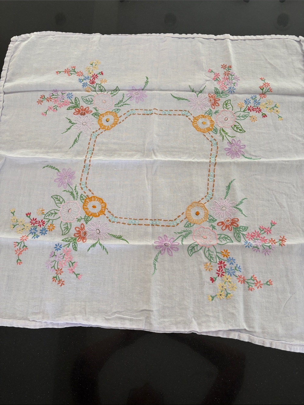 Vintage lavender embroidered linen tablecloth topper